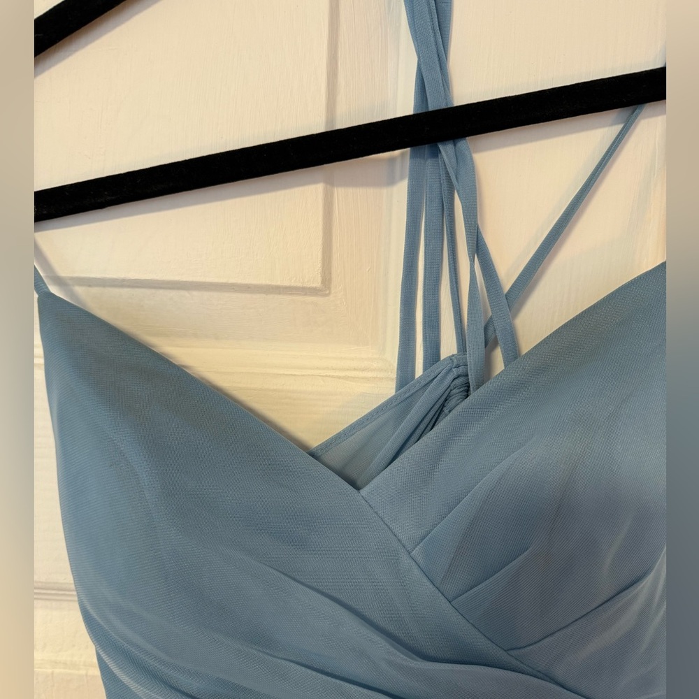 Azazie mermaid v-neck pleated mesh floor length dress- steel blue - Picture 4 of 5